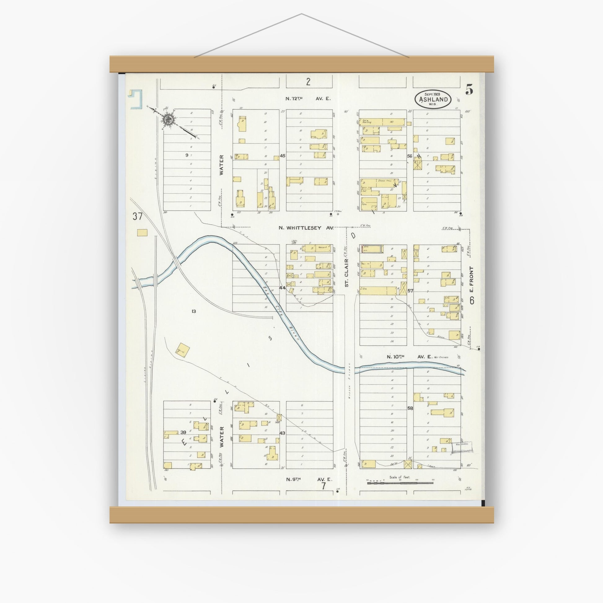 Old map wall art mockup — magnetic wood frame on white wall — Sanborn Fire Insurance Map from Ashland, Ashland County, Wisconsin (1909), Sheet #0005