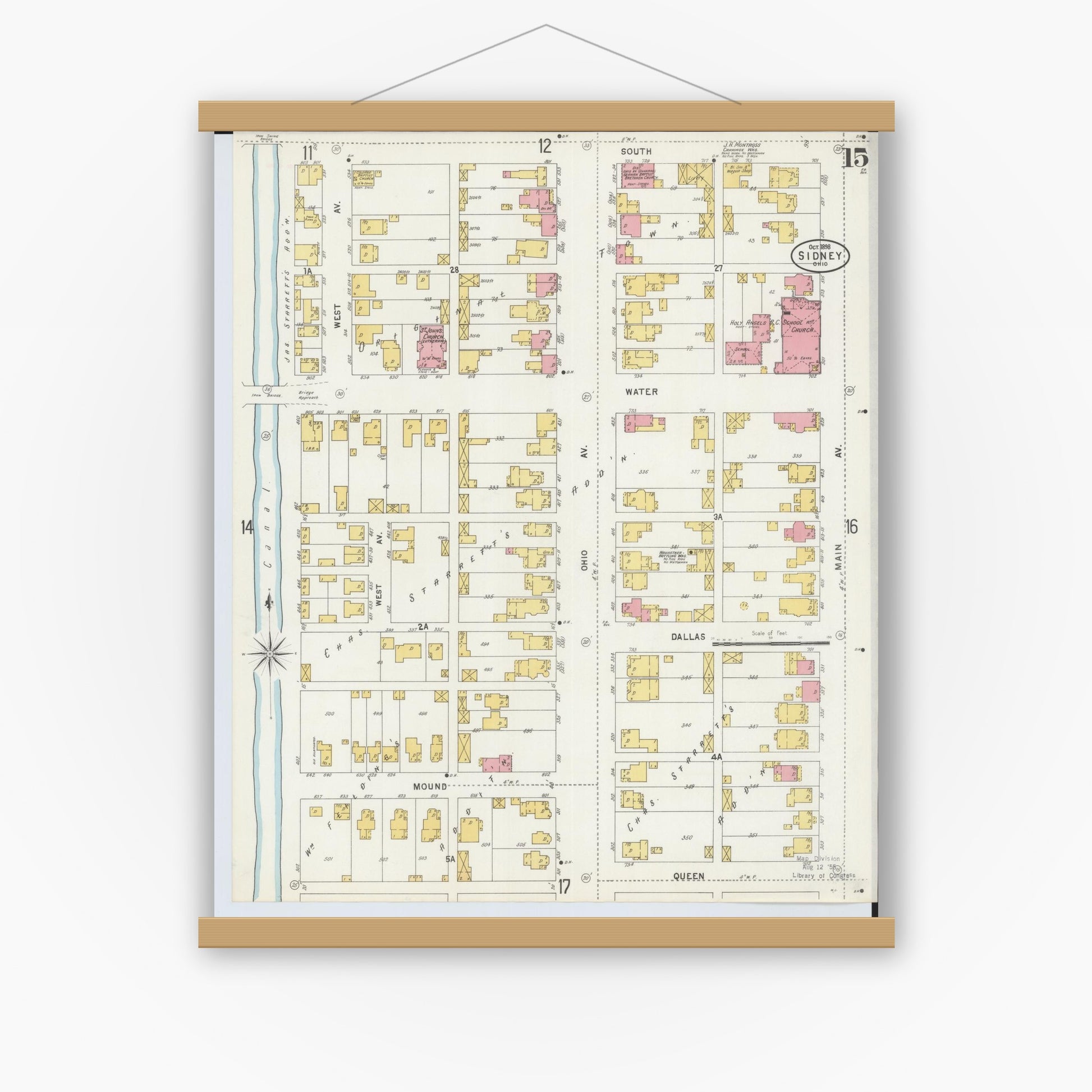 Old map wall art mockup — magnetic wood frame on white wall — Sanborn Fire Insurance Map from Sidney, Shelby County, Ohio (1898), Sheet #0015