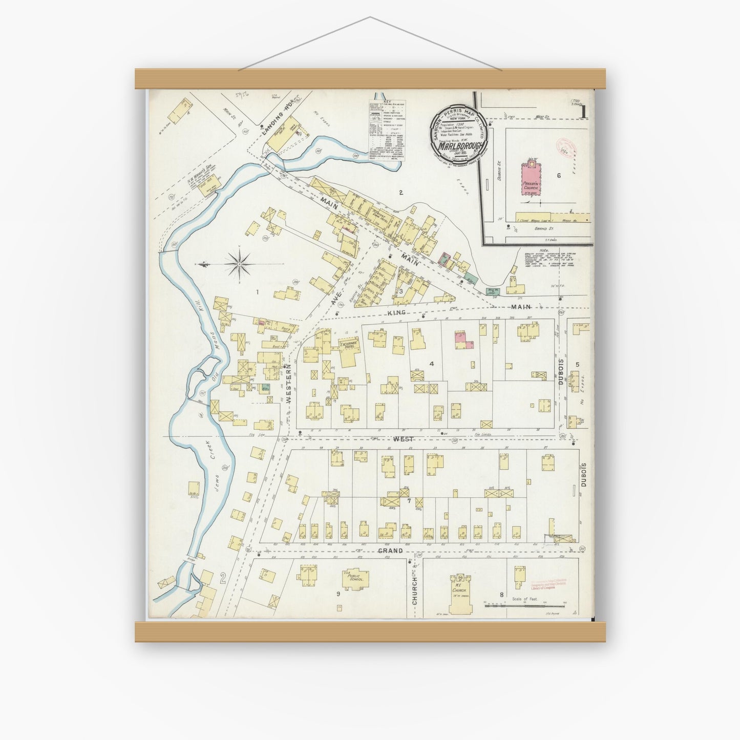 Old map wall art mockup — magnetic wood frame on white wall — Sanborn Fire Insurance Map from Marlborough, Ulster County, New York (1895), Sheet #0001