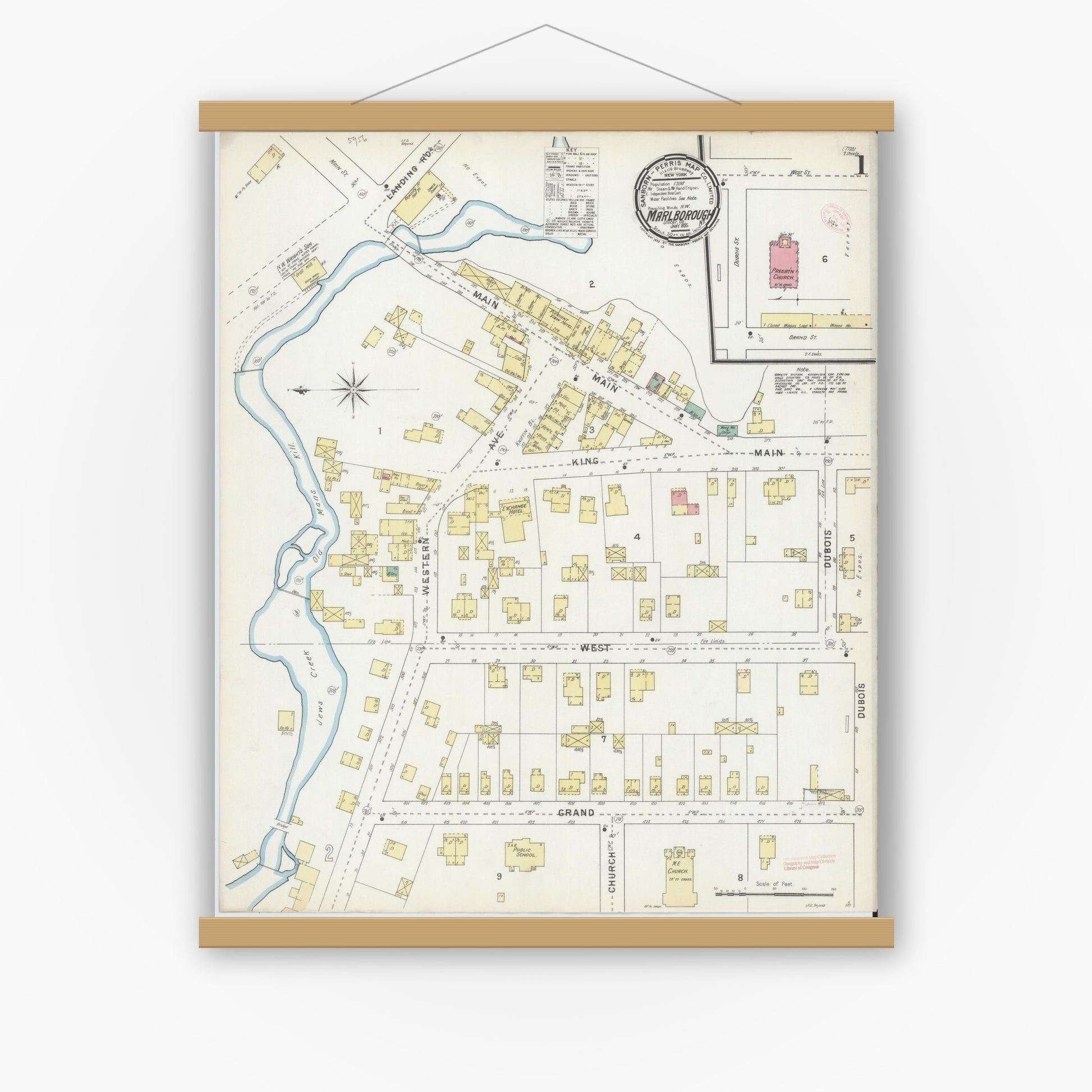 Old map wall art mockup — magnetic wood frame on white wall — Sanborn Fire Insurance Map from Marlborough, Ulster County, New York (1895), Sheet #0001