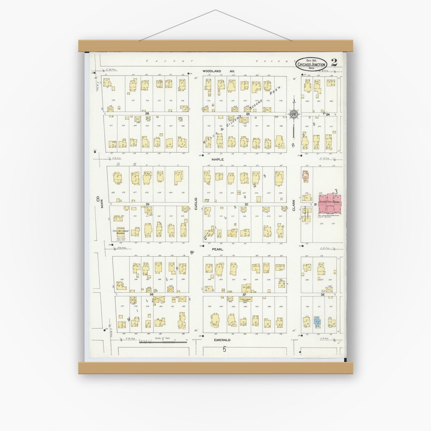 Old map wall art mockup — magnetic wood frame on white wall — Sanborn Fire Insurance Map from Chicago Junction, Huron County, Ohio (1911), Sheet #0002