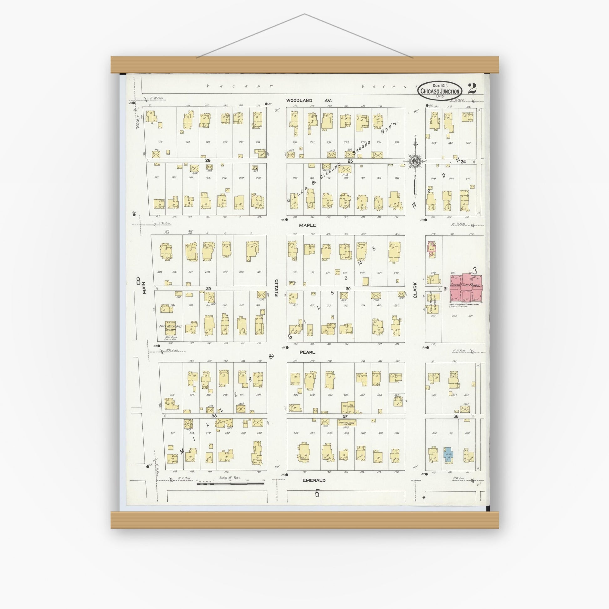 Old map wall art mockup — magnetic wood frame on white wall — Sanborn Fire Insurance Map from Chicago Junction, Huron County, Ohio (1911), Sheet #0002