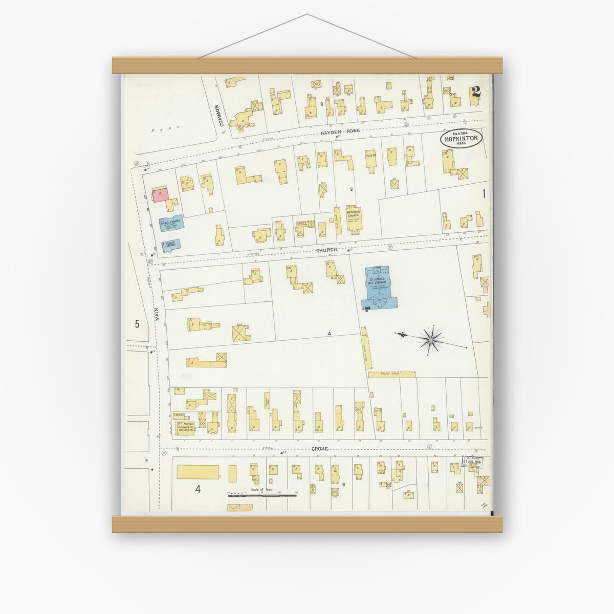 Old map wall art mockup — magnetic wood frame on white wall — Sanborn Fire Insurance Map from Hopkinton, Middlesex County, Massachusetts (1904), Sheet #0002