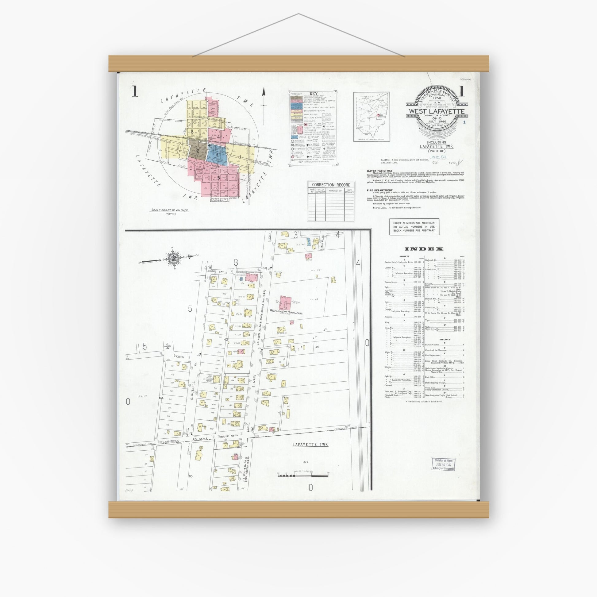 Old map wall art mockup — magnetic wood frame on white wall — Sanborn Fire Insurance Map from West Lafayette, Coshocton County, Ohio (1946) - Complete Map Set