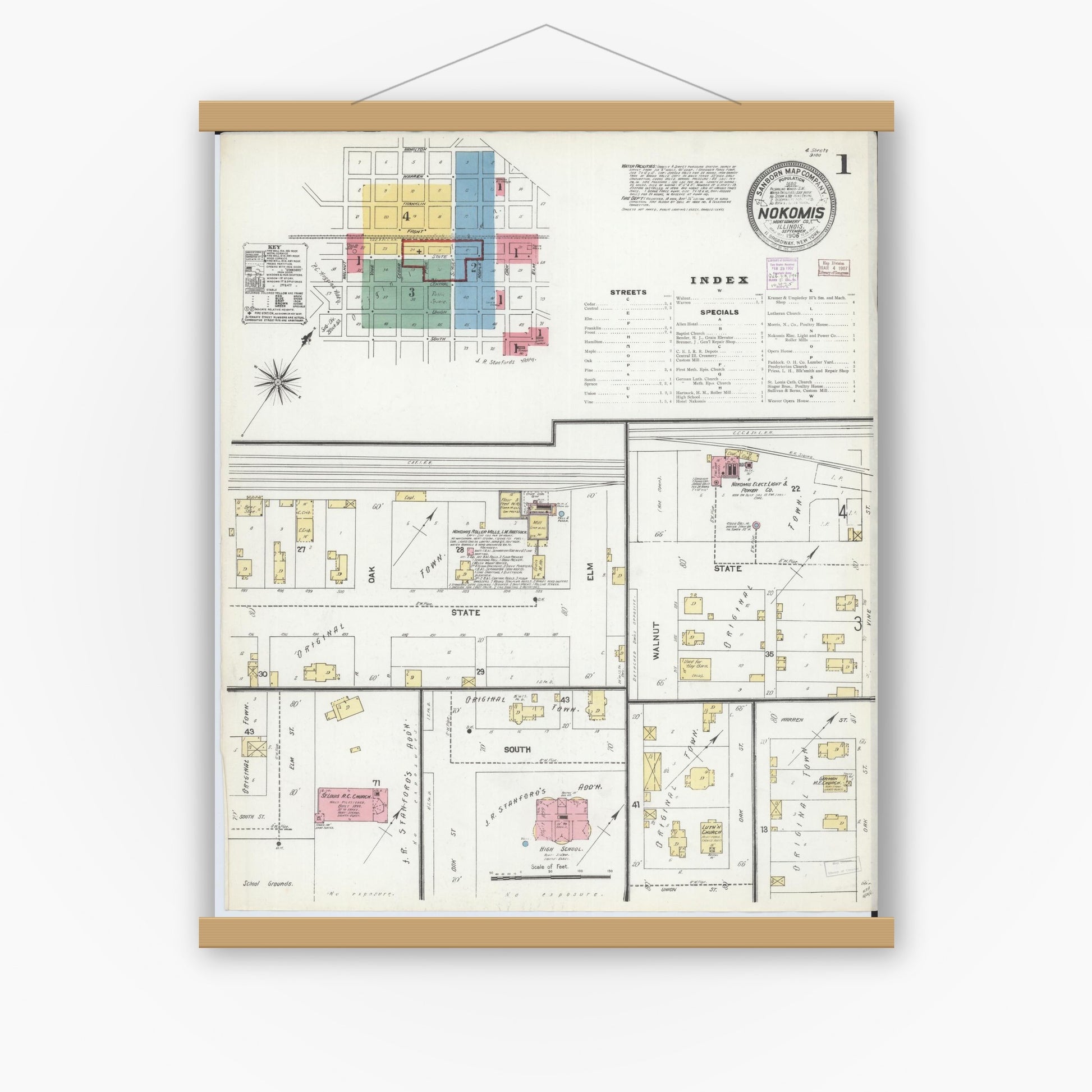 Old map wall art mockup — magnetic wood frame on white wall — Sanborn Fire Insurance Map from Nokomis, Montgomery County, Illinois (1906) - Complete Map Set