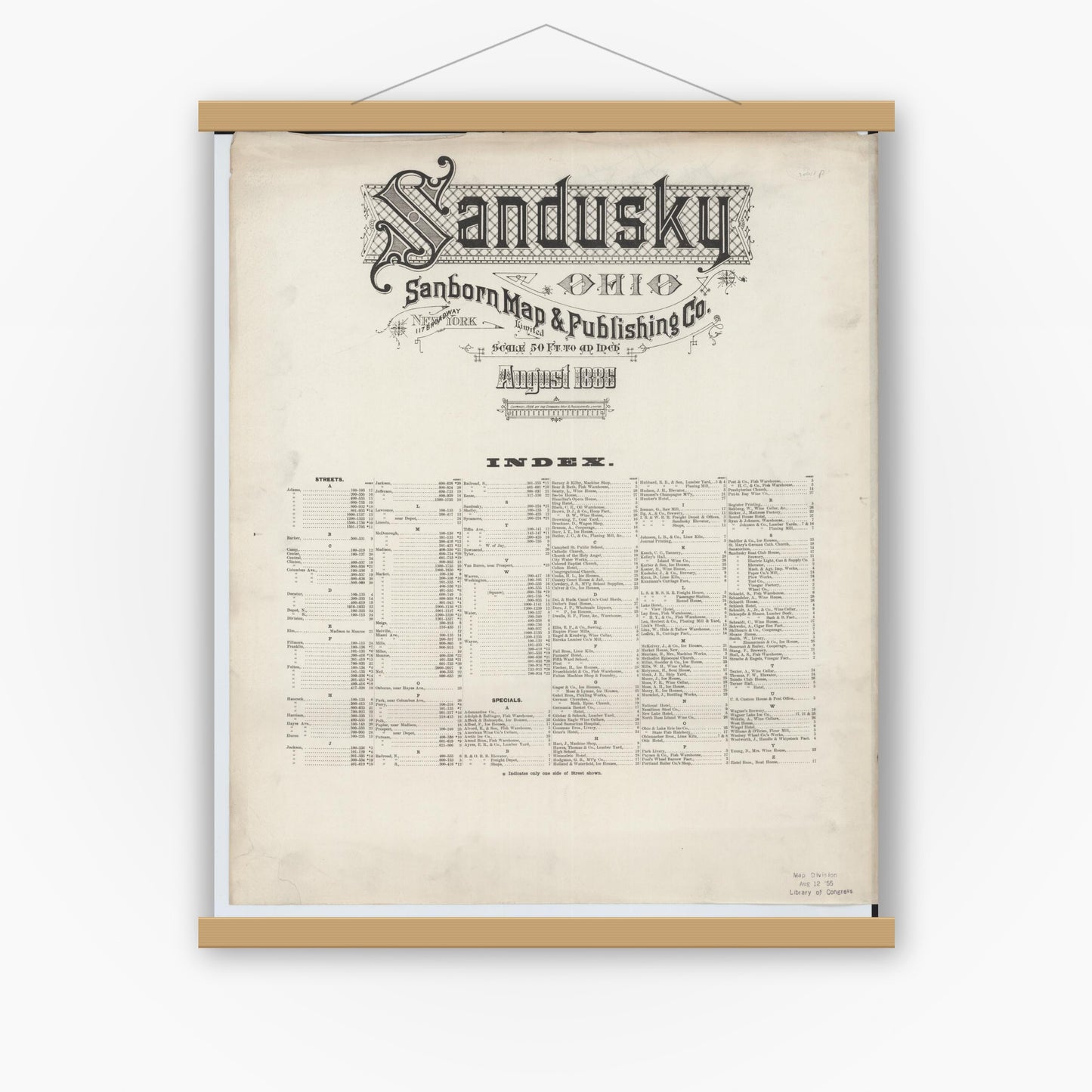 Old map wall art mockup — magnetic wood frame on white wall — Sanborn Fire Insurance Map from Sandusky, Erie County, Ohio (1886), Sheet #0001