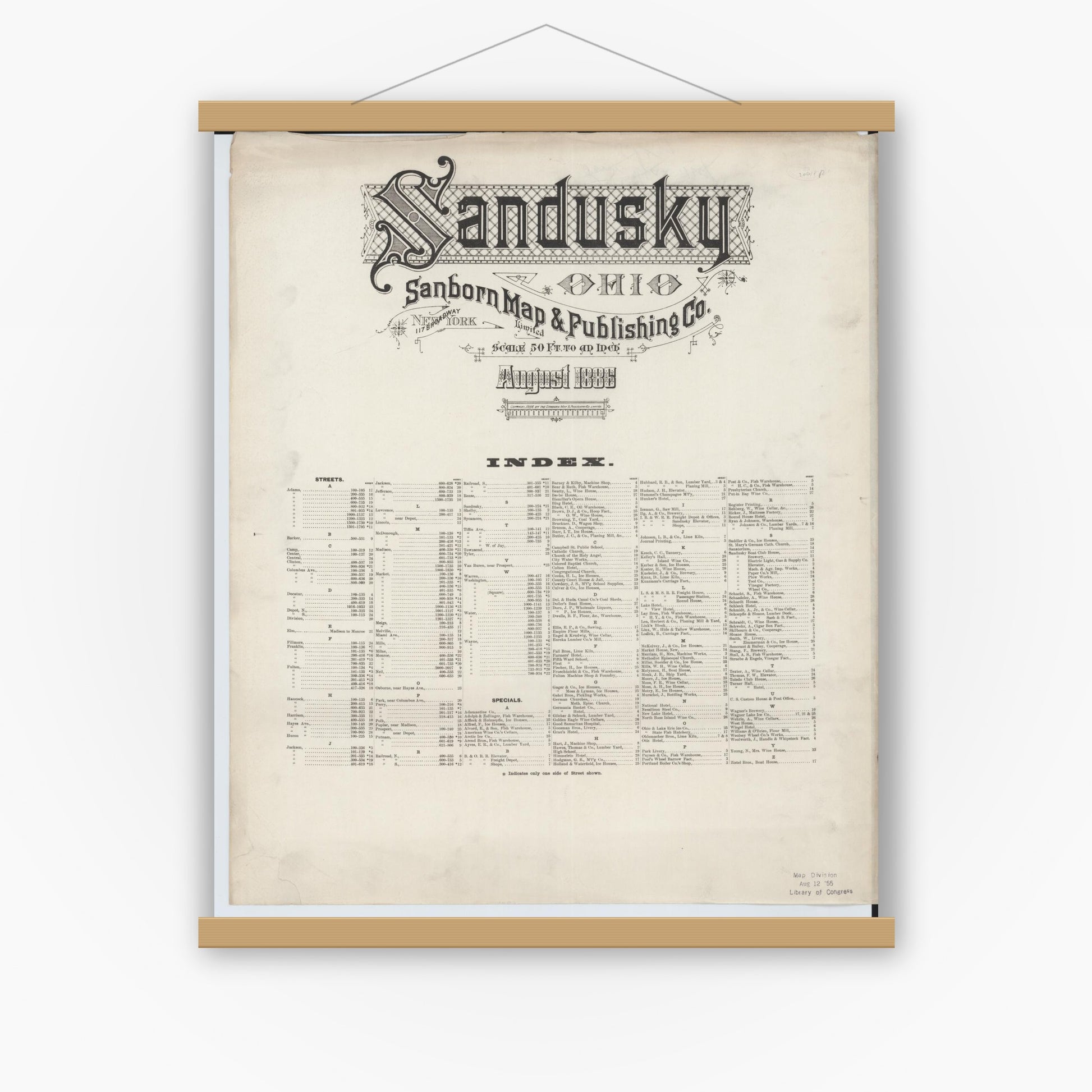 Old map wall art mockup — magnetic wood frame on white wall — Sanborn Fire Insurance Map from Sandusky, Erie County, Ohio (1886), Sheet #0001