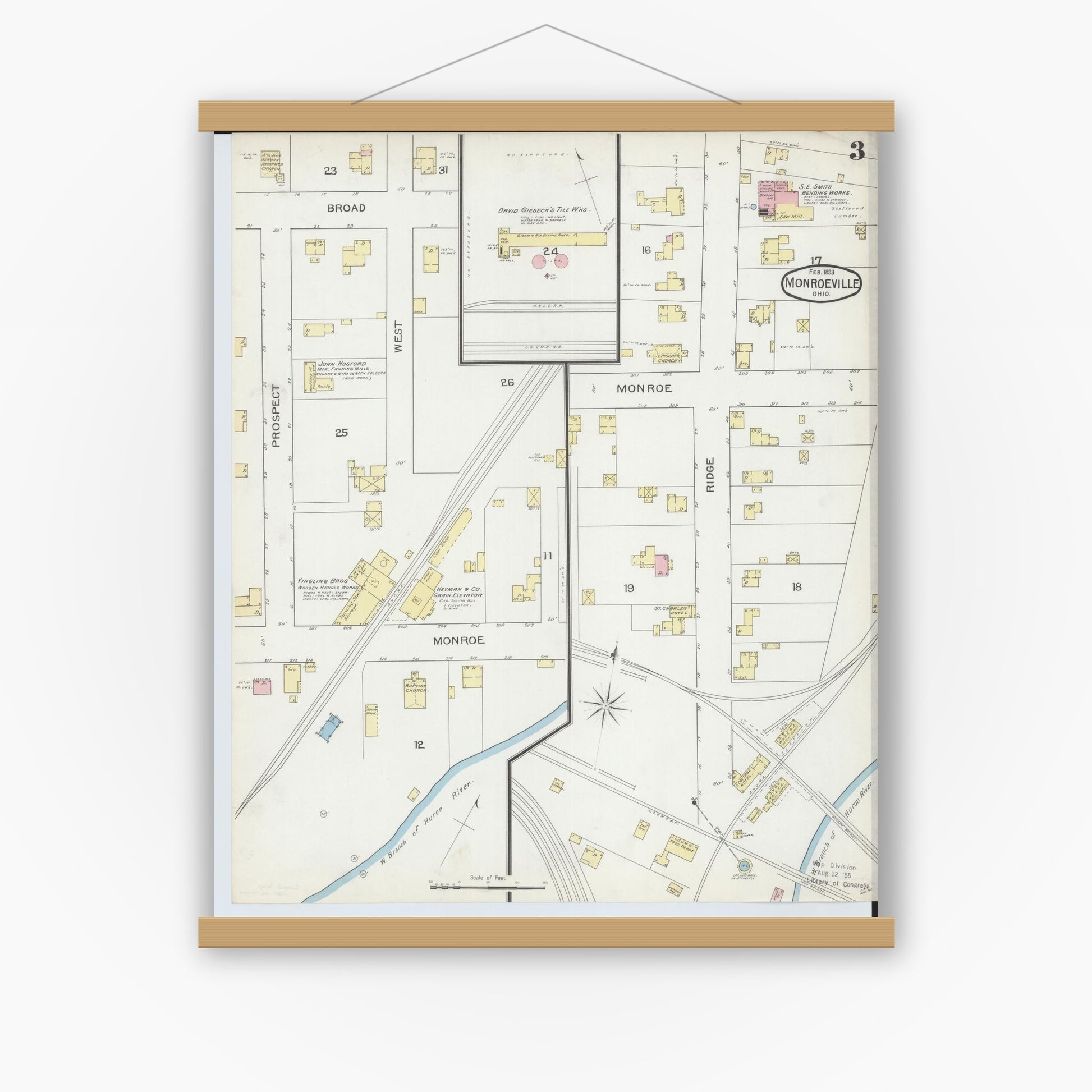 Old map wall art mockup — magnetic wood frame on white wall — Sanborn Fire Insurance Map from Monroeville, Huron County, Ohio (1893), Sheet #0003