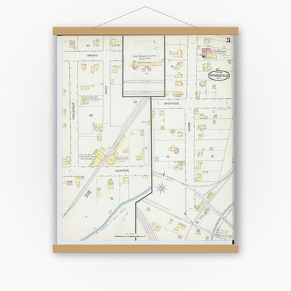 Old map wall art mockup — magnetic wood frame on white wall — Sanborn Fire Insurance Map from Monroeville, Huron County, Ohio (1893), Sheet #0003