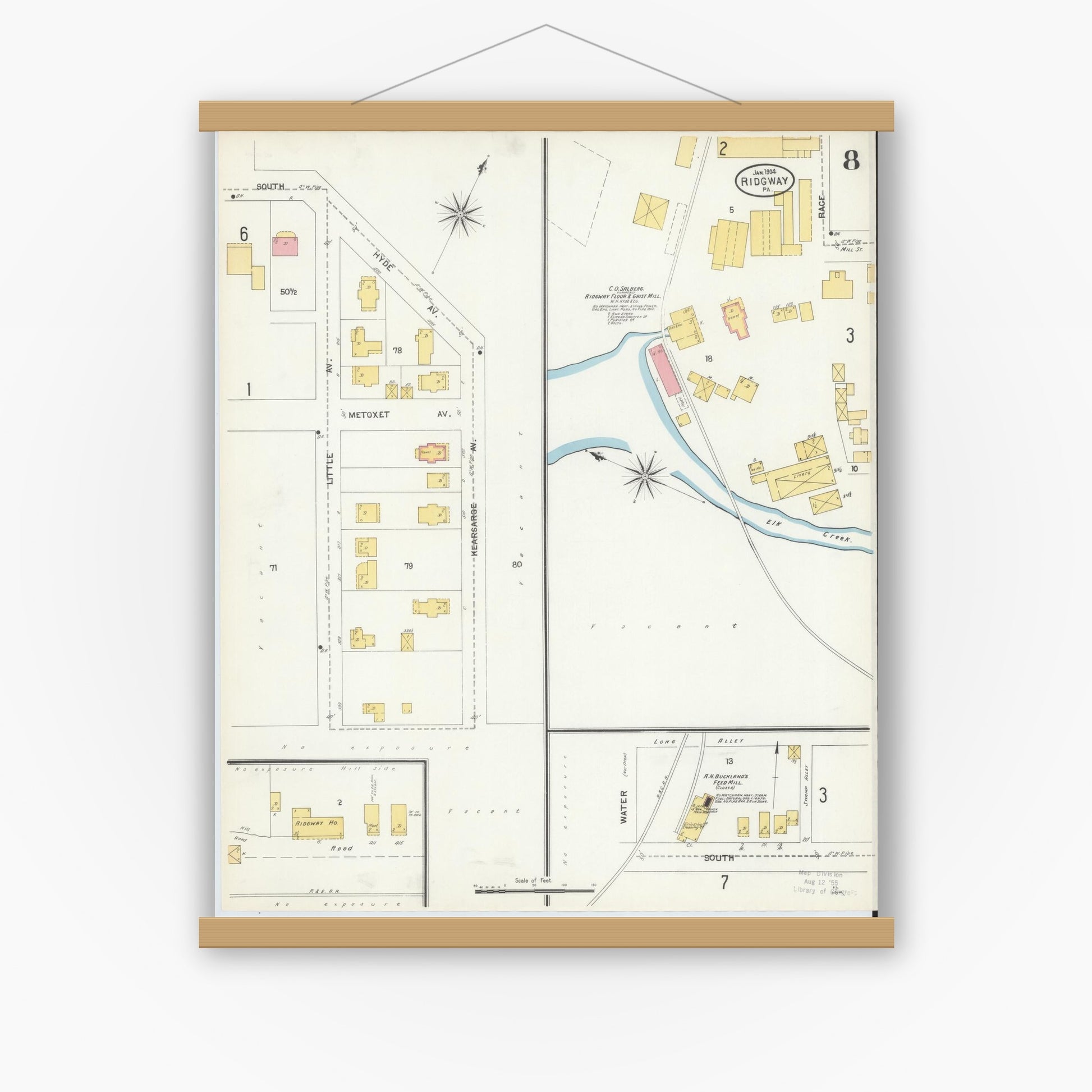 Old map wall art mockup — magnetic wood frame on white wall — Sanborn Fire Insurance Map from Ridgway, Elk County, Pennsylvania (1904), Sheet #0008