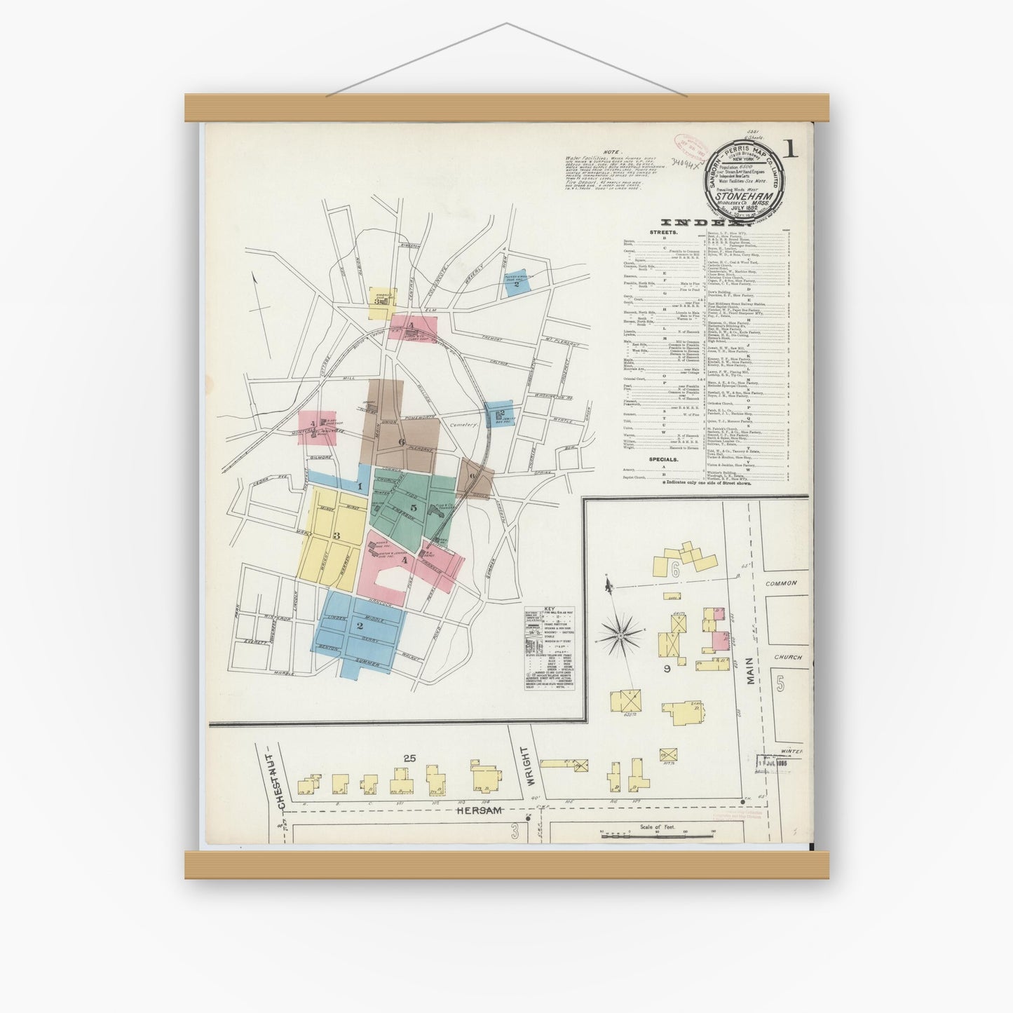 Old map wall art mockup — magnetic wood frame on white wall — Sanborn Fire Insurance Map from Stoneham, Middlesex County, Massachusetts (1892), Sheet #0001