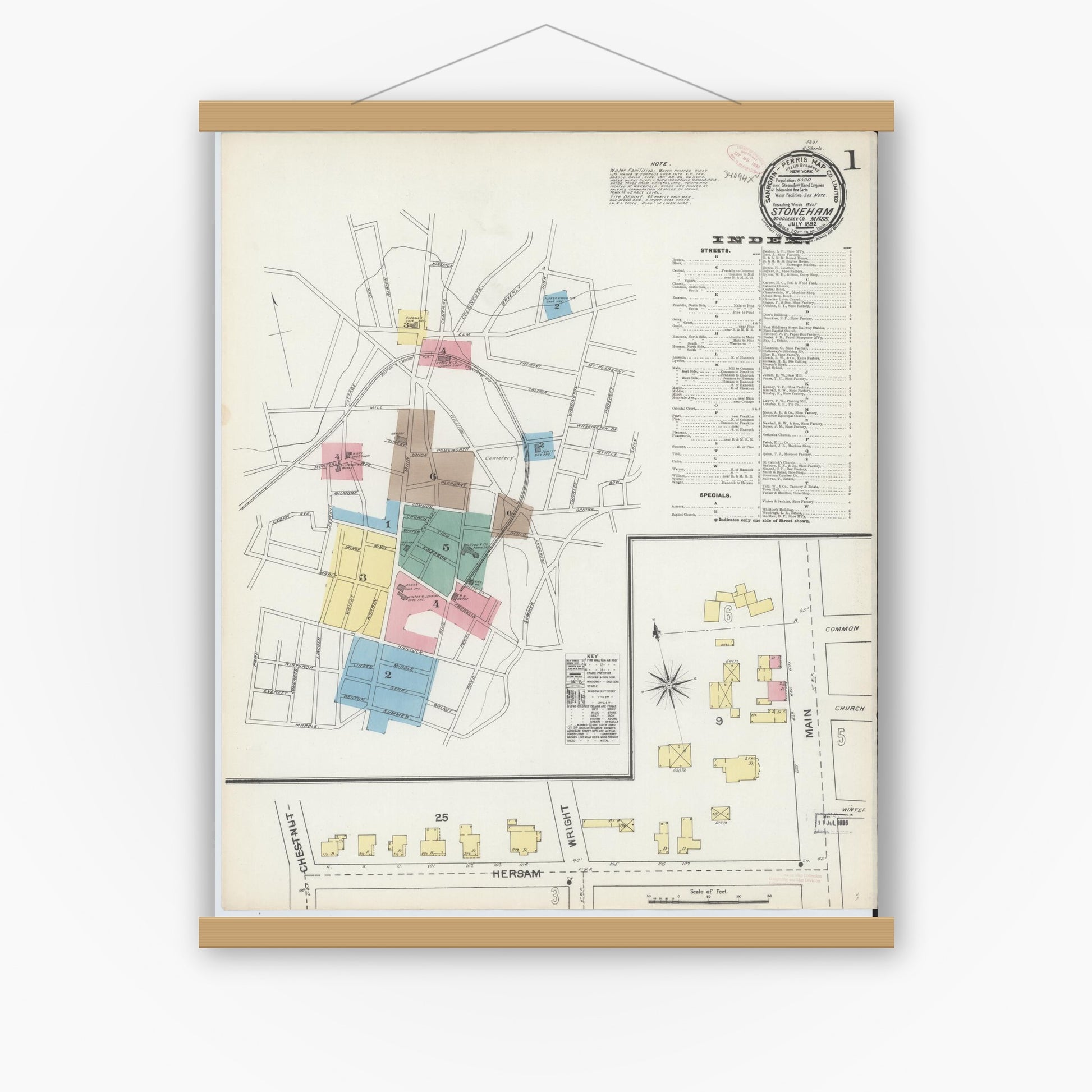 Old map wall art mockup — magnetic wood frame on white wall — Sanborn Fire Insurance Map from Stoneham, Middlesex County, Massachusetts (1892), Sheet #0001