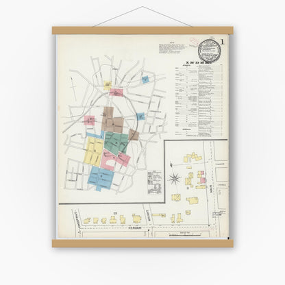 Old map wall art mockup — magnetic wood frame on white wall — Sanborn Fire Insurance Map from Stoneham, Middlesex County, Massachusetts (1892), Sheet #0001