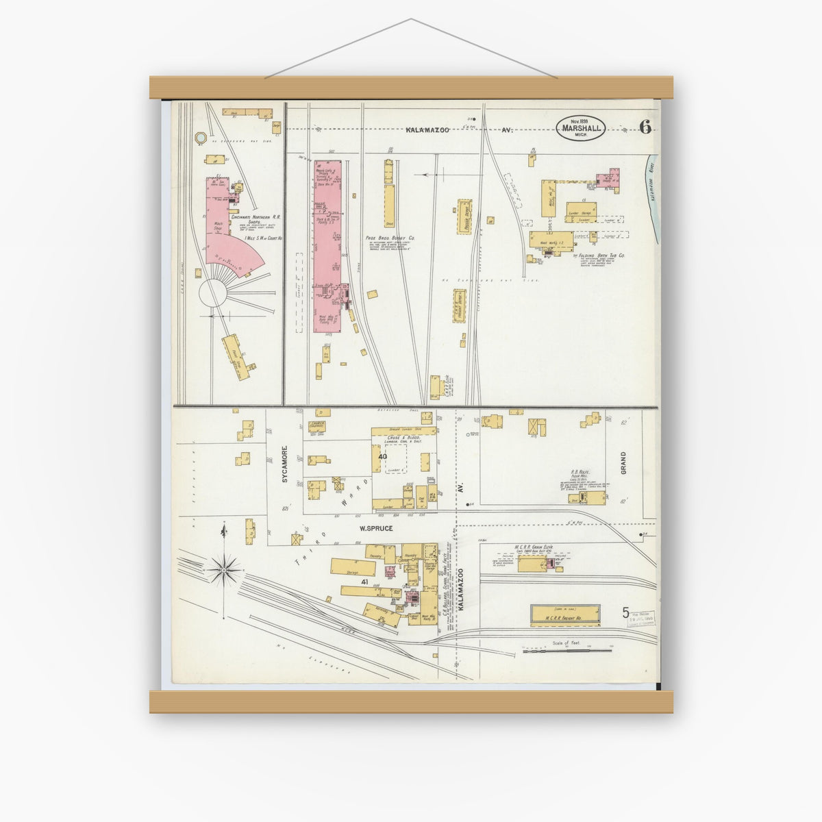Old map wall art mockup — magnetic wood frame on white wall — Sanborn Fire Insurance Map from Marshall, Calhoun County, Michigan (1899), Sheet #0006