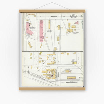 Old map wall art mockup — magnetic wood frame on white wall — Sanborn Fire Insurance Map from Marshall, Calhoun County, Michigan (1899), Sheet #0006