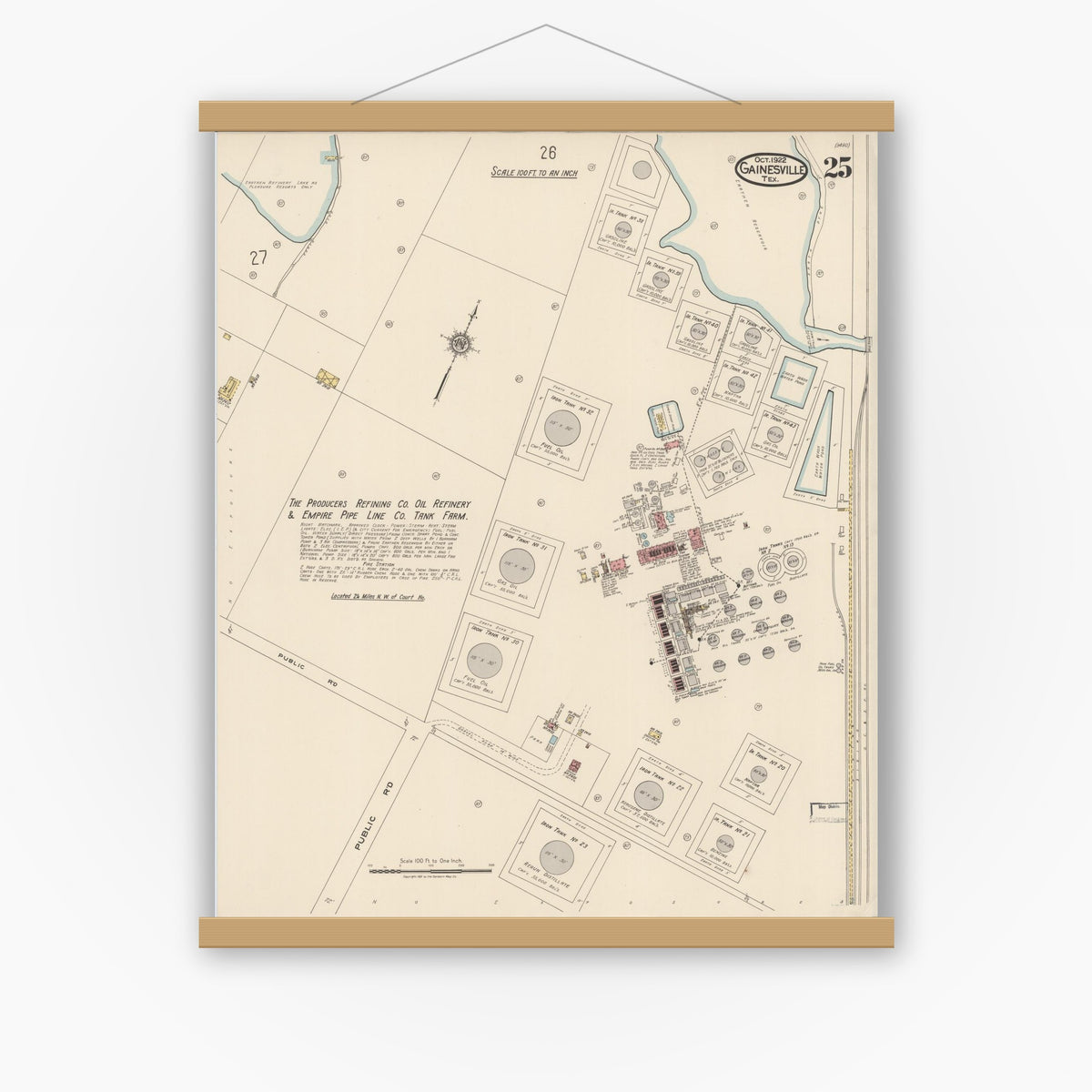 Old map wall art mockup — magnetic wood frame on white wall — Sanborn Fire Insurance Map from Gainesville, Cooke County, Texas (1922), Sheet #0025