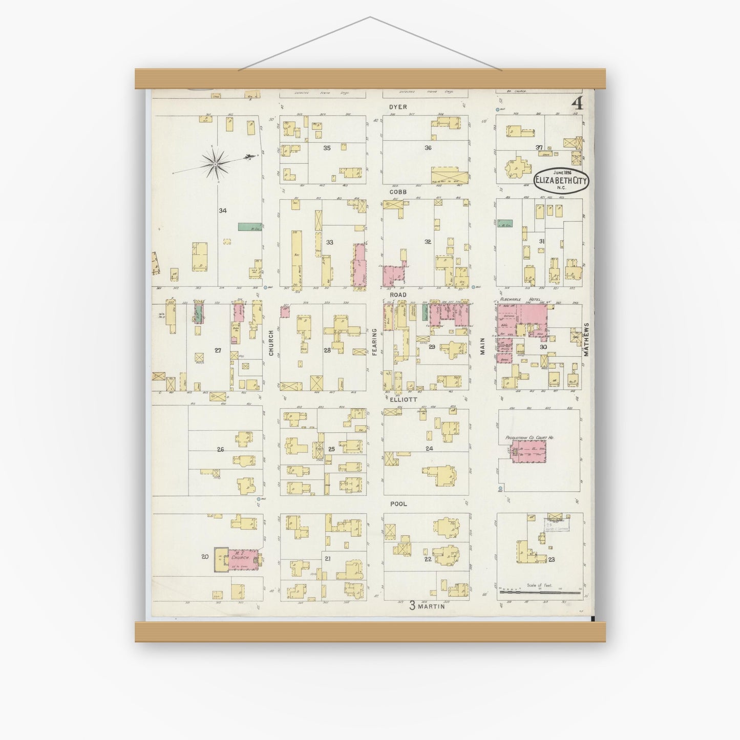 Old map wall art mockup — magnetic wood frame on white wall — Sanborn Fire Insurance Map from Elizabeth City, Pasquotank County, North Carolina (1896), Sheet #0004