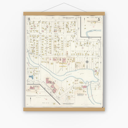 Old map wall art mockup — magnetic wood frame on white wall — Sanborn Fire Insurance Map from Waupaca, Waupaca County, Wisconsin (1941), Sheet #0005
