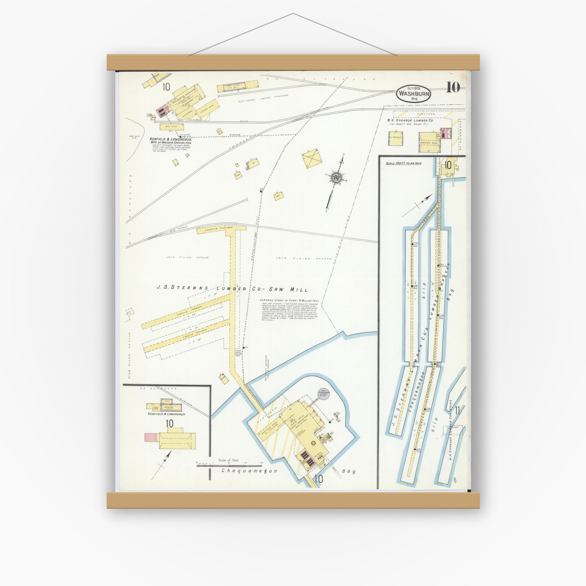 Old map wall art mockup — magnetic wood frame on white wall — Sanborn Fire Insurance Map from Washburn, Bayfield County, Wisconsin (1909), Sheet #0010