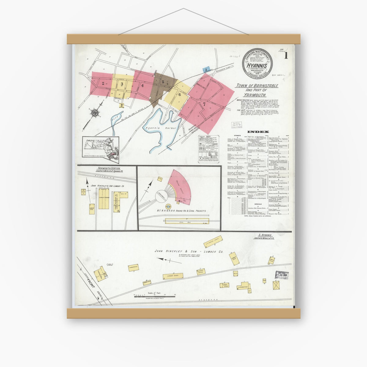 Old map wall art mockup — magnetic wood frame on white wall — Sanborn Fire Insurance Map from Hyannis, Barnstable County, Massachusetts (1919), Sheet #0001
