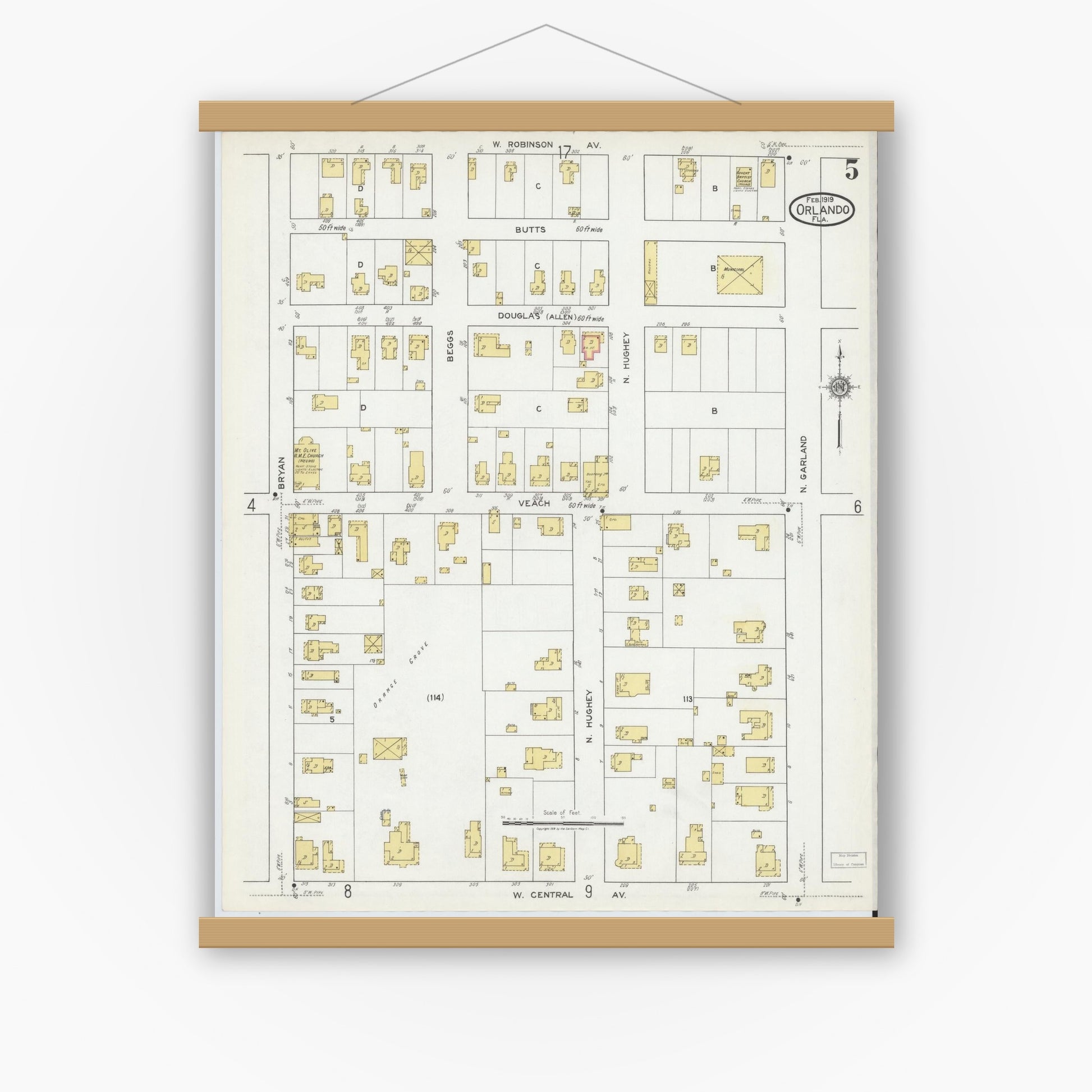 Old map wall art mockup — magnetic wood frame on white wall — Sanborn Fire Insurance Map from Orlando, Orange County, Florida (1919), Sheet #0005