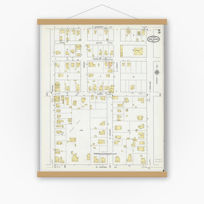Old map wall art mockup — magnetic wood frame on white wall — Sanborn Fire Insurance Map from Orlando, Orange County, Florida (1919), Sheet #0005