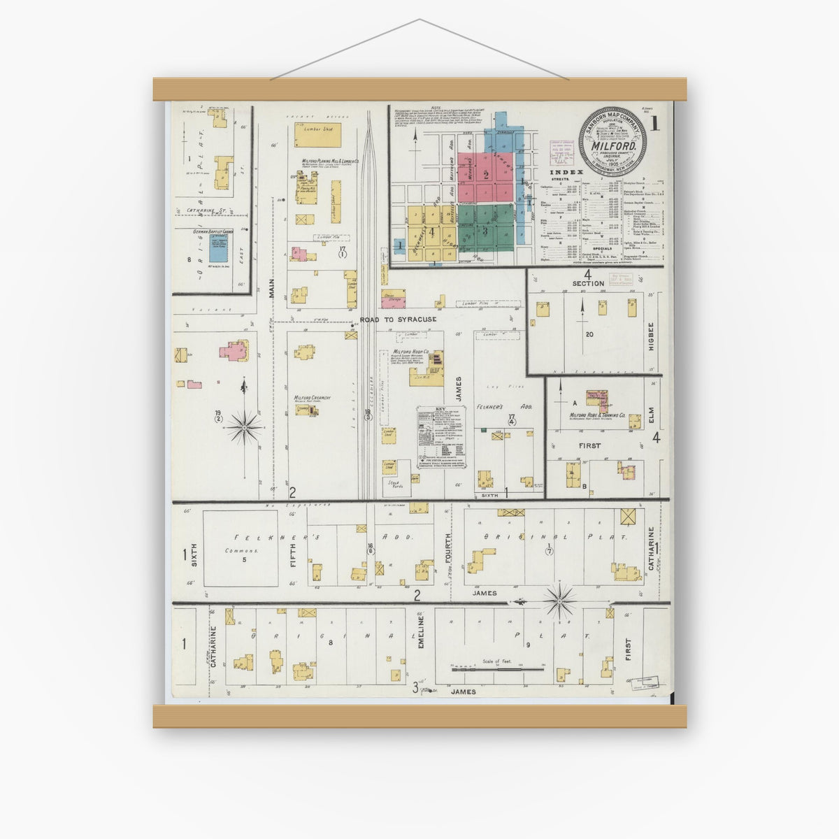 Old map wall art mockup — magnetic wood frame on white wall — Sanborn Fire Insurance Map from Milford, Kosciusko County, Indiana (1905) - Complete Map Set