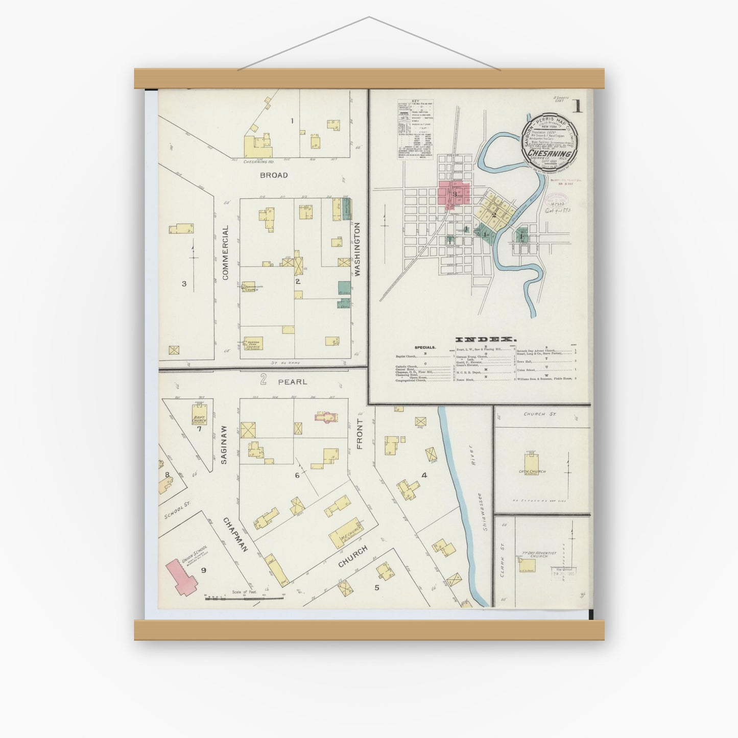 Old map wall art mockup — magnetic wood frame on white wall — Sanborn Fire Insurance Map from Chesaning, Saginaw County, Michigan (1893), Sheet #0001