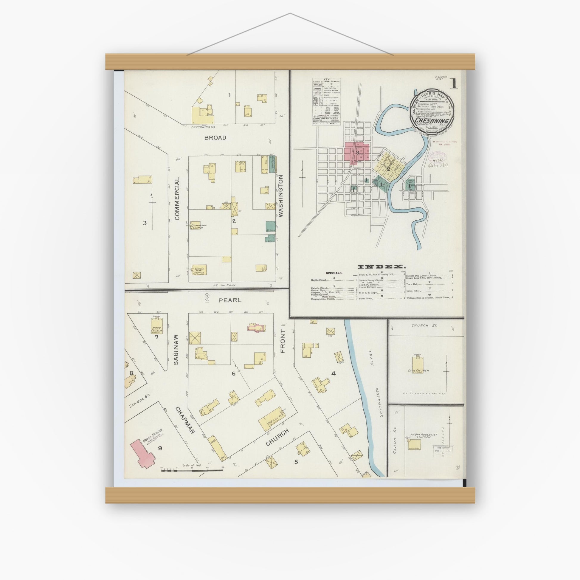 Old map wall art mockup — magnetic wood frame on white wall — Sanborn Fire Insurance Map from Chesaning, Saginaw County, Michigan (1893), Sheet #0001