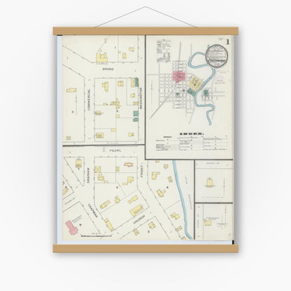 Old map wall art mockup — magnetic wood frame on white wall — Sanborn Fire Insurance Map from Chesaning, Saginaw County, Michigan (1893), Sheet #0001