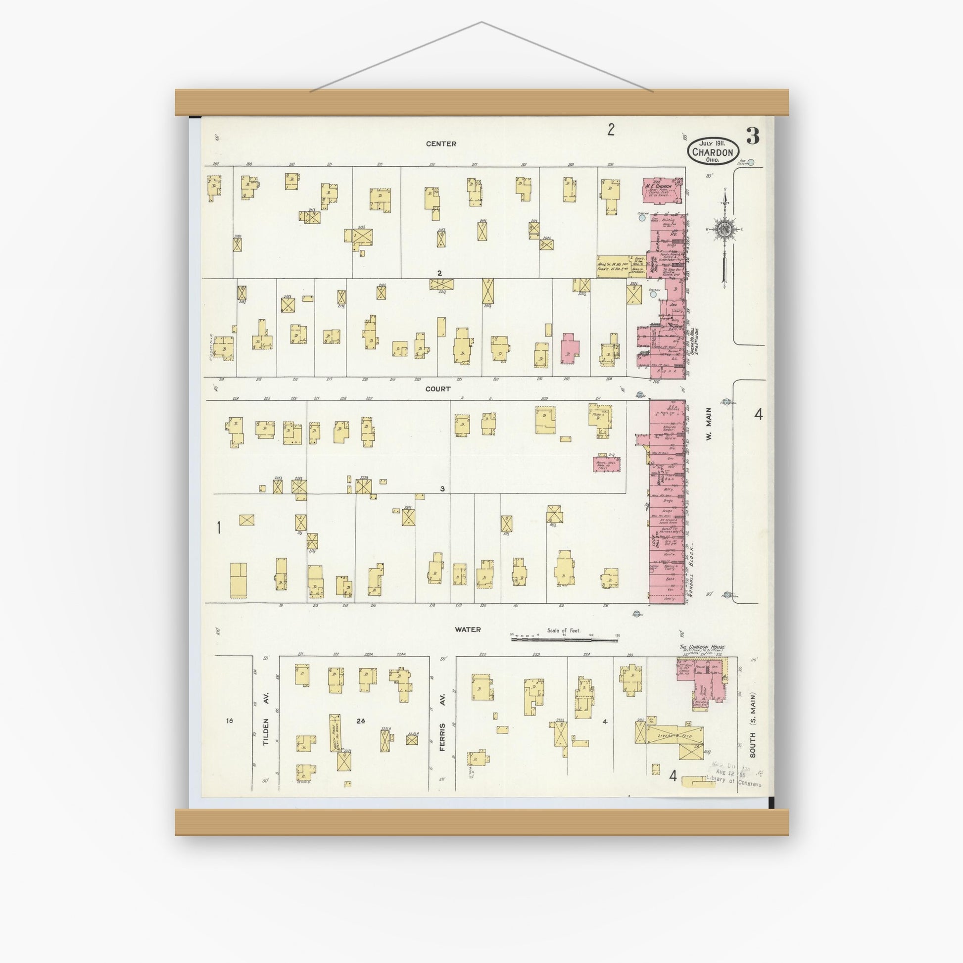 Old map wall art mockup — magnetic wood frame on white wall — Sanborn Fire Insurance Map from Chardon, Geauga County, Ohio (1911), Sheet #0003