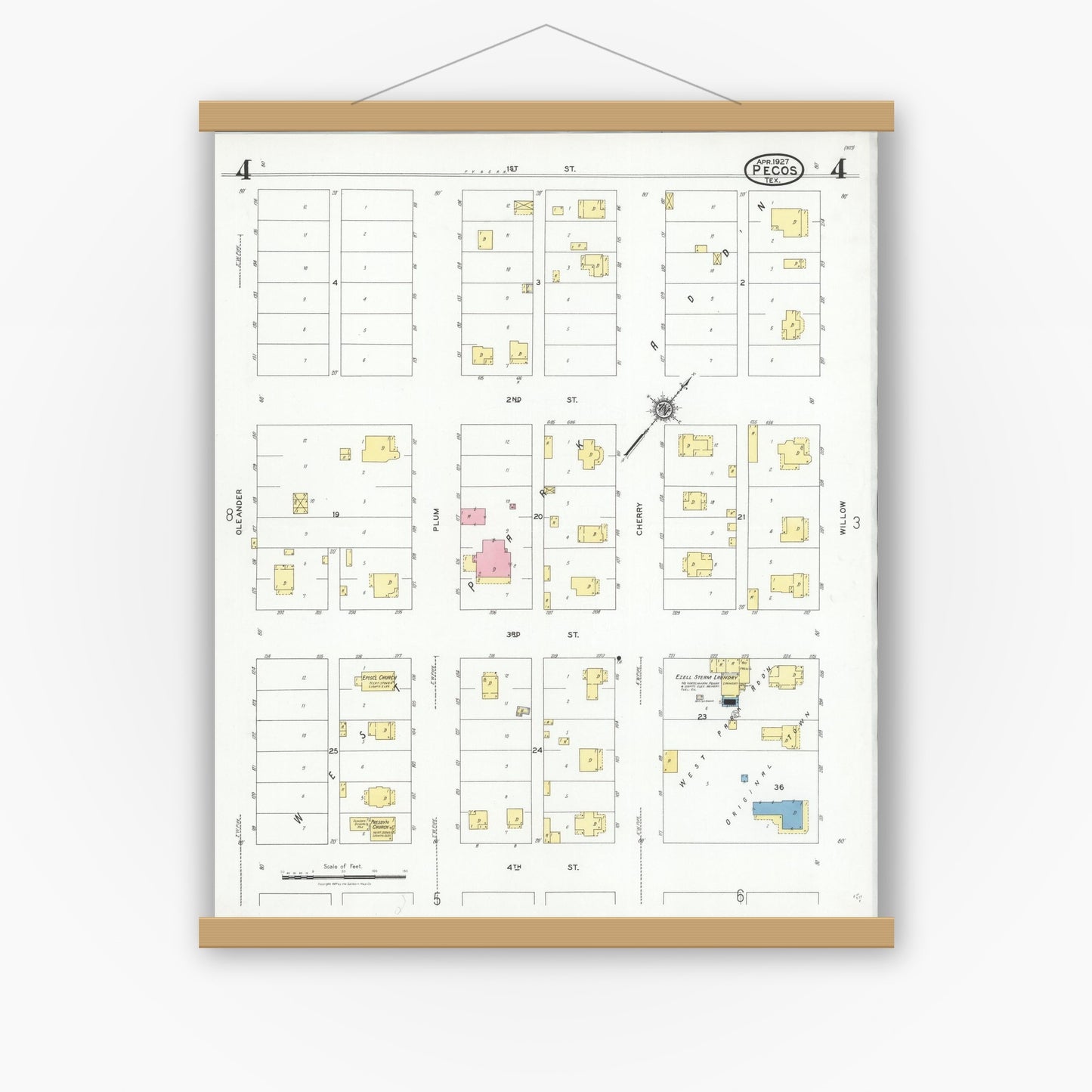 Old map wall art mockup — magnetic wood frame on white wall — Sanborn Fire Insurance Map from Pecos, Reeves County, Texas (1927), Sheet #0004