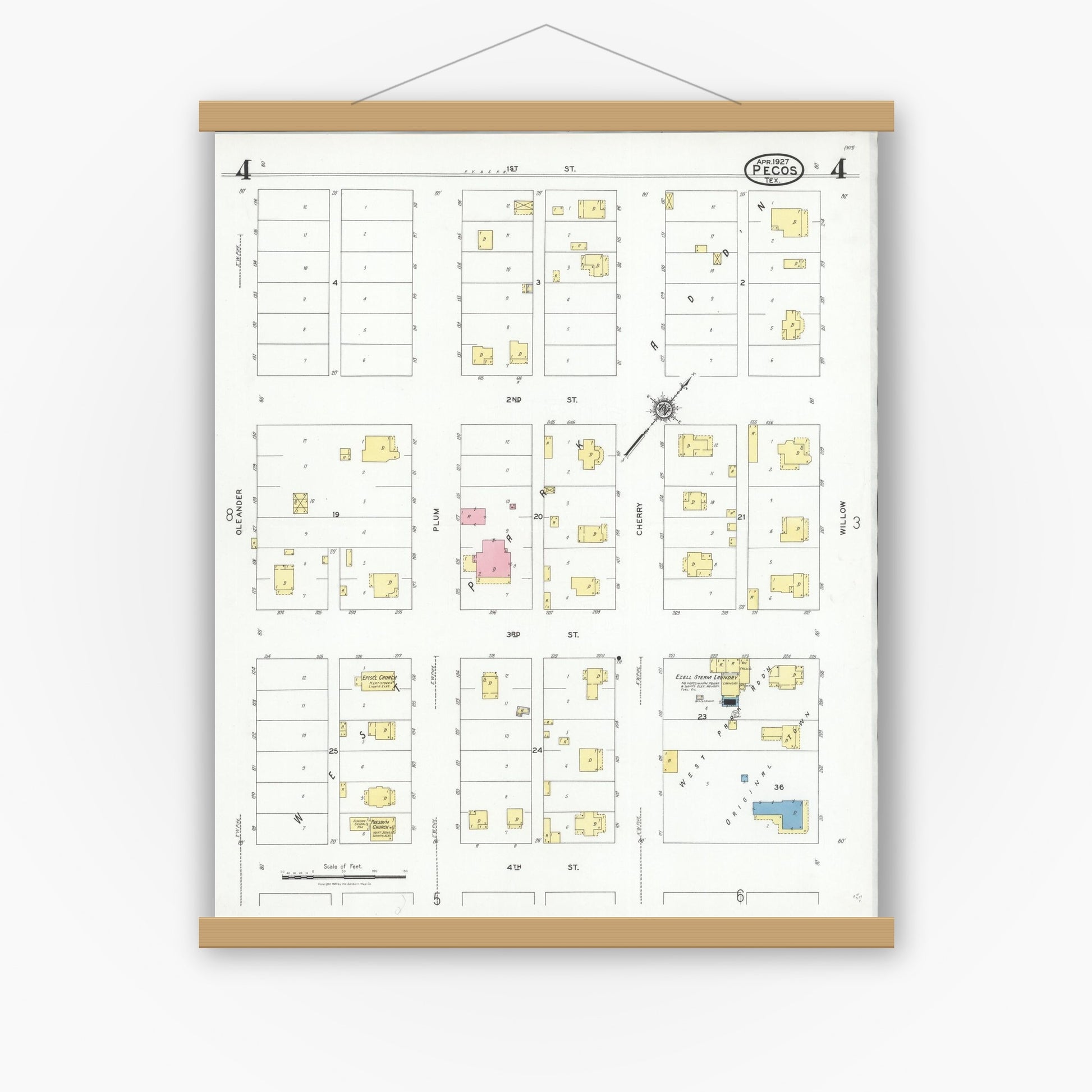 Old map wall art mockup — magnetic wood frame on white wall — Sanborn Fire Insurance Map from Pecos, Reeves County, Texas (1927), Sheet #0004