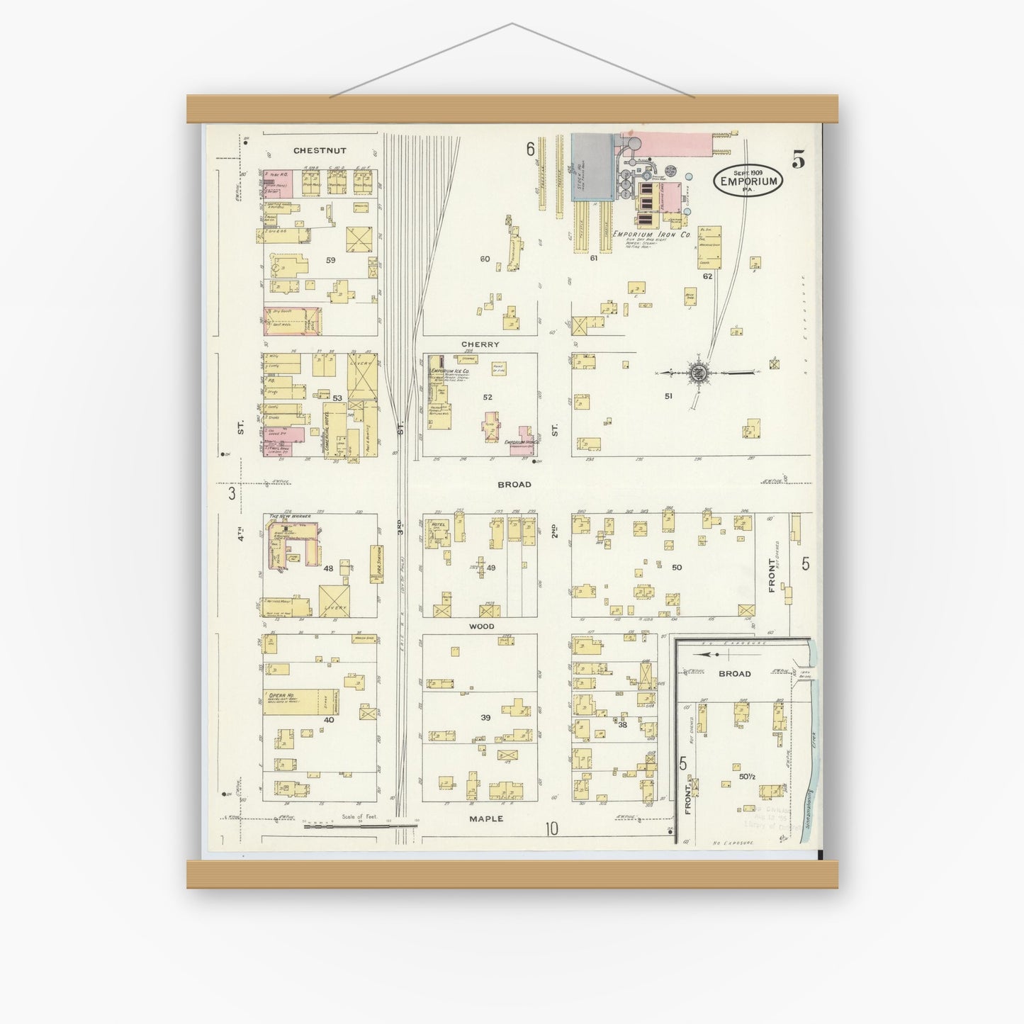 Old map wall art mockup — magnetic wood frame on white wall — Sanborn Fire Insurance Map from Emporium, Cameron County, Pennsylvania (1909), Sheet #0005