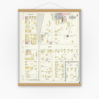 Old map wall art mockup — magnetic wood frame on white wall — Sanborn Fire Insurance Map from Emporium, Cameron County, Pennsylvania (1909), Sheet #0005