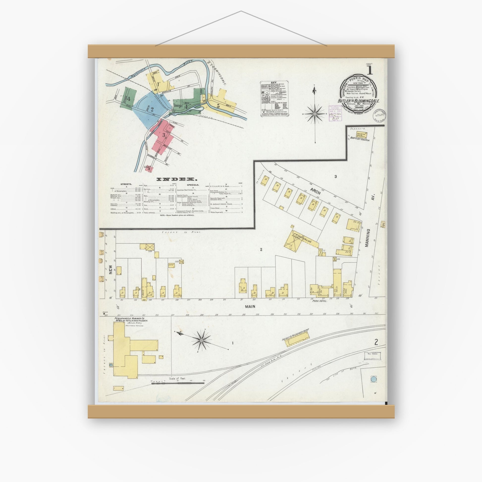 Old map wall art mockup — magnetic wood frame on white wall — Sanborn Fire Insurance Map from Butler, Morris County, New Jersey (1901), Sheet #0001