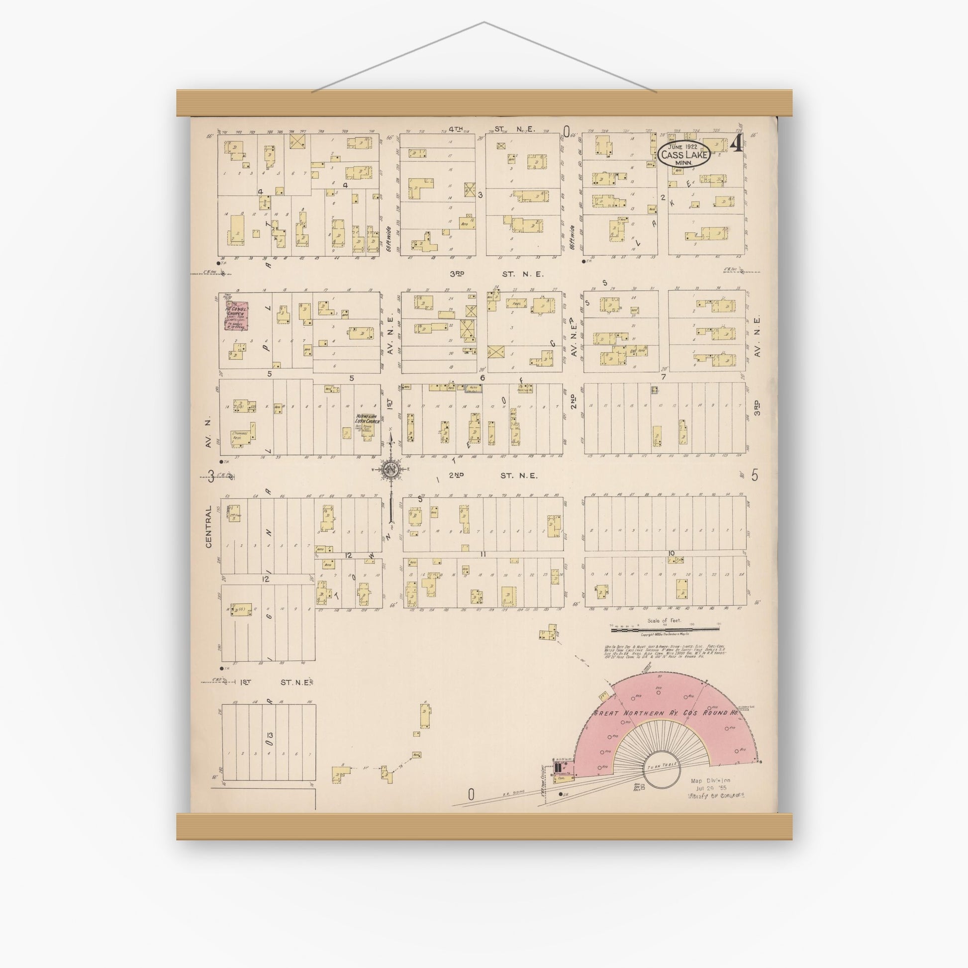 Old map wall art mockup — magnetic wood frame on white wall — Sanborn Fire Insurance Map from Cass Lake, Cass County, Minnesota (1922), Sheet #0004
