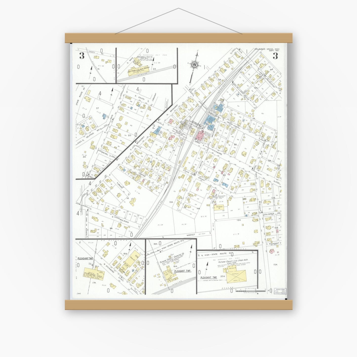 Old map wall art mockup — magnetic wood frame on white wall — Sanborn Fire Insurance Map from Columbus Grove, Putnam County, Ohio (1951), Sheet #0003