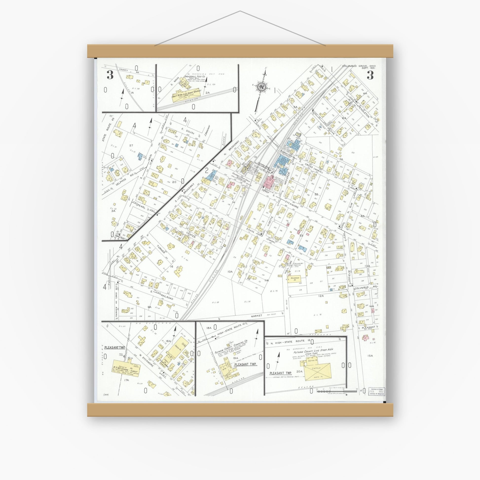 Old map wall art mockup — magnetic wood frame on white wall — Sanborn Fire Insurance Map from Columbus Grove, Putnam County, Ohio (1951), Sheet #0003