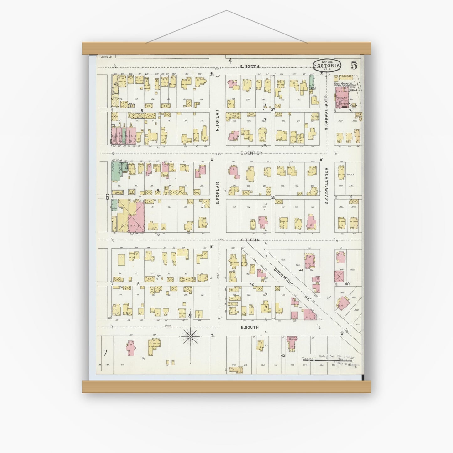 Old map wall art mockup — magnetic wood frame on white wall — Sanborn Fire Insurance Map from Fostoria, Seneca, Hancock, And Wood Counties, Ohio (1896), Sheet #0005