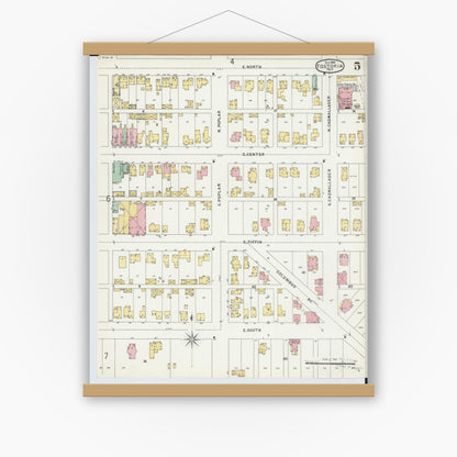 Old map wall art mockup — magnetic wood frame on white wall — Sanborn Fire Insurance Map from Fostoria, Seneca, Hancock, And Wood Counties, Ohio (1896), Sheet #0005