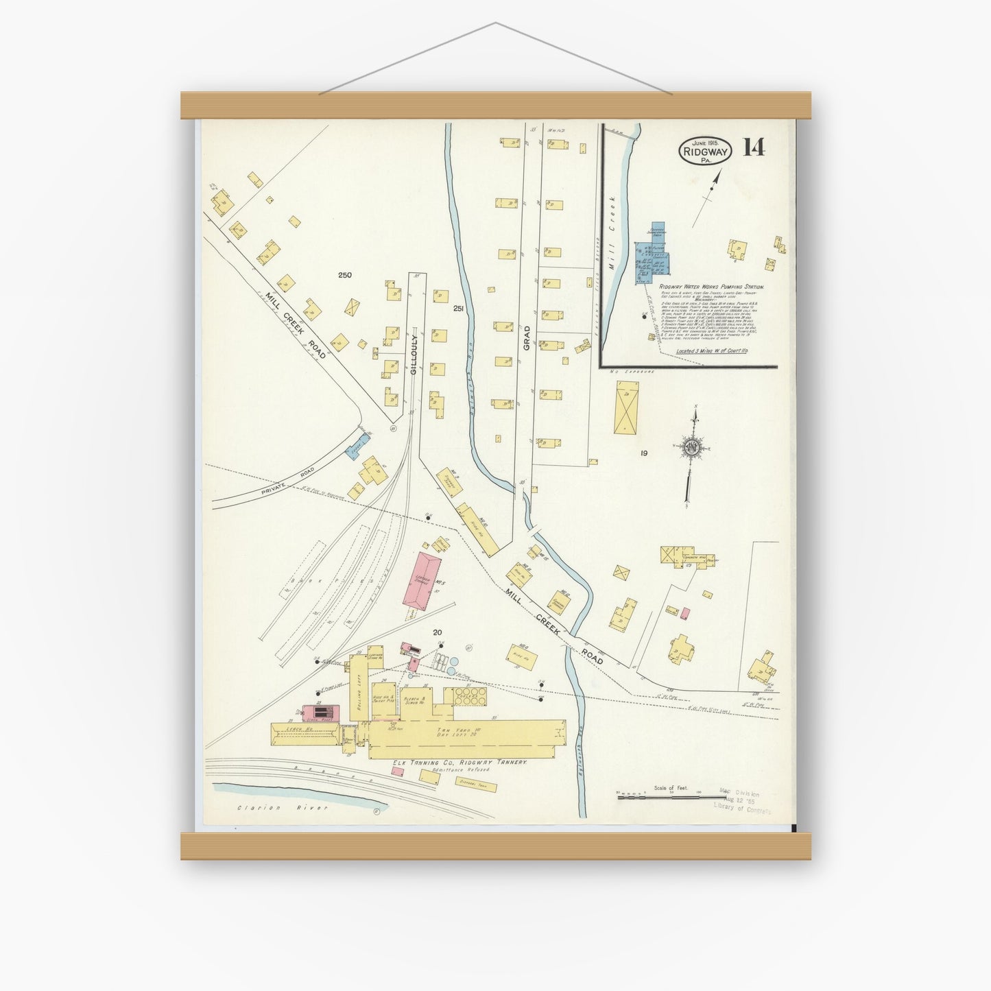 Old map wall art mockup — magnetic wood frame on white wall — Sanborn Fire Insurance Map from Ridgway, Elk County, Pennsylvania (1915), Sheet #0014