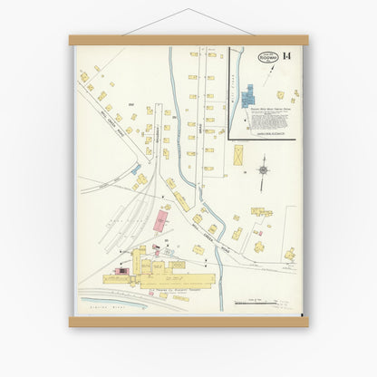 Old map wall art mockup — magnetic wood frame on white wall — Sanborn Fire Insurance Map from Ridgway, Elk County, Pennsylvania (1915), Sheet #0014