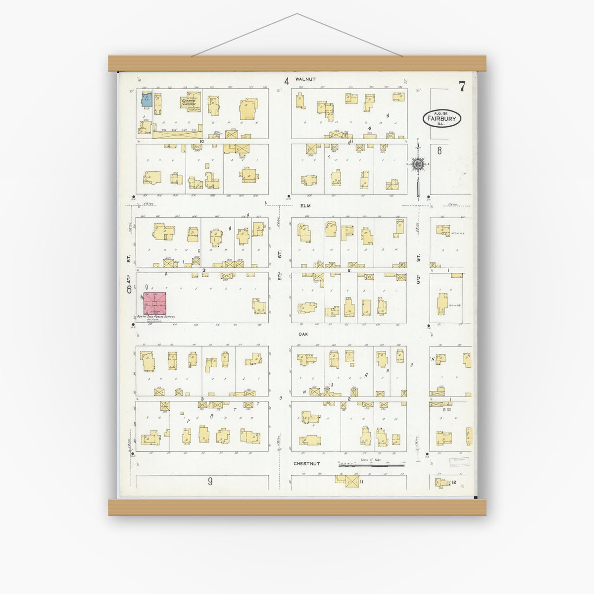 Old map wall art mockup — magnetic wood frame on white wall — Sanborn Fire Insurance Map from Fairbury, Livingston County, Illinois (1911), Sheet #0007