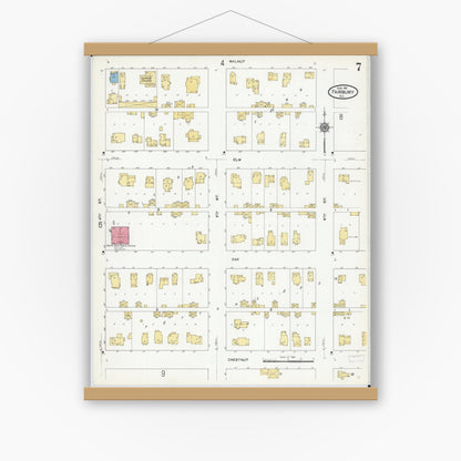 Old map wall art mockup — magnetic wood frame on white wall — Sanborn Fire Insurance Map from Fairbury, Livingston County, Illinois (1911), Sheet #0007