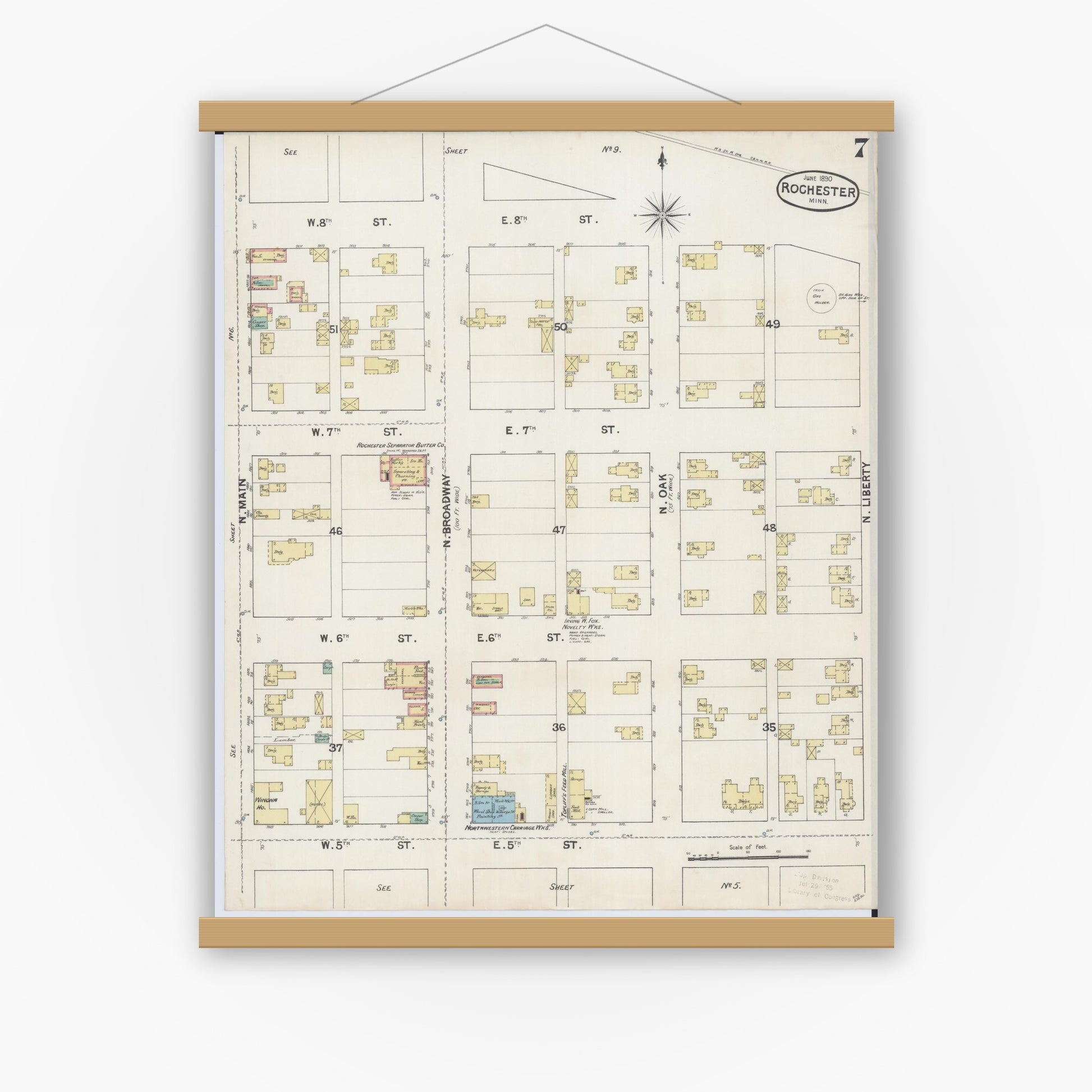 Old map wall art mockup — magnetic wood frame on white wall — Sanborn Fire Insurance Map from Rochester, Olmsted County, Minnesota (1890), Sheet #0007