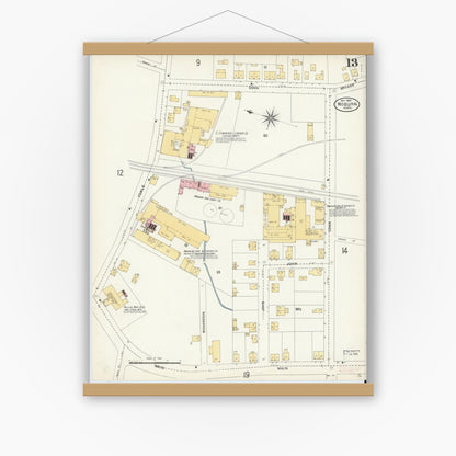 Old map wall art mockup — magnetic wood frame on white wall — Sanborn Fire Insurance Map from Woburn, Middlesex County, Massachusetts (1904), Sheet #0013