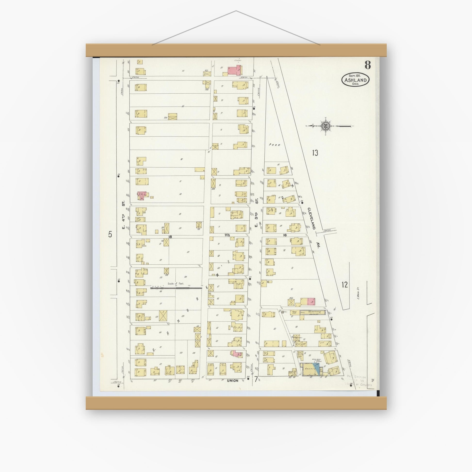Old map wall art mockup — magnetic wood frame on white wall — Sanborn Fire Insurance Map from Ashland, Ashland County, Ohio (1911), Sheet #0008
