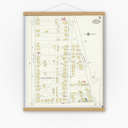 Old map wall art mockup — magnetic wood frame on white wall — Sanborn Fire Insurance Map from Ashland, Ashland County, Ohio (1911), Sheet #0008