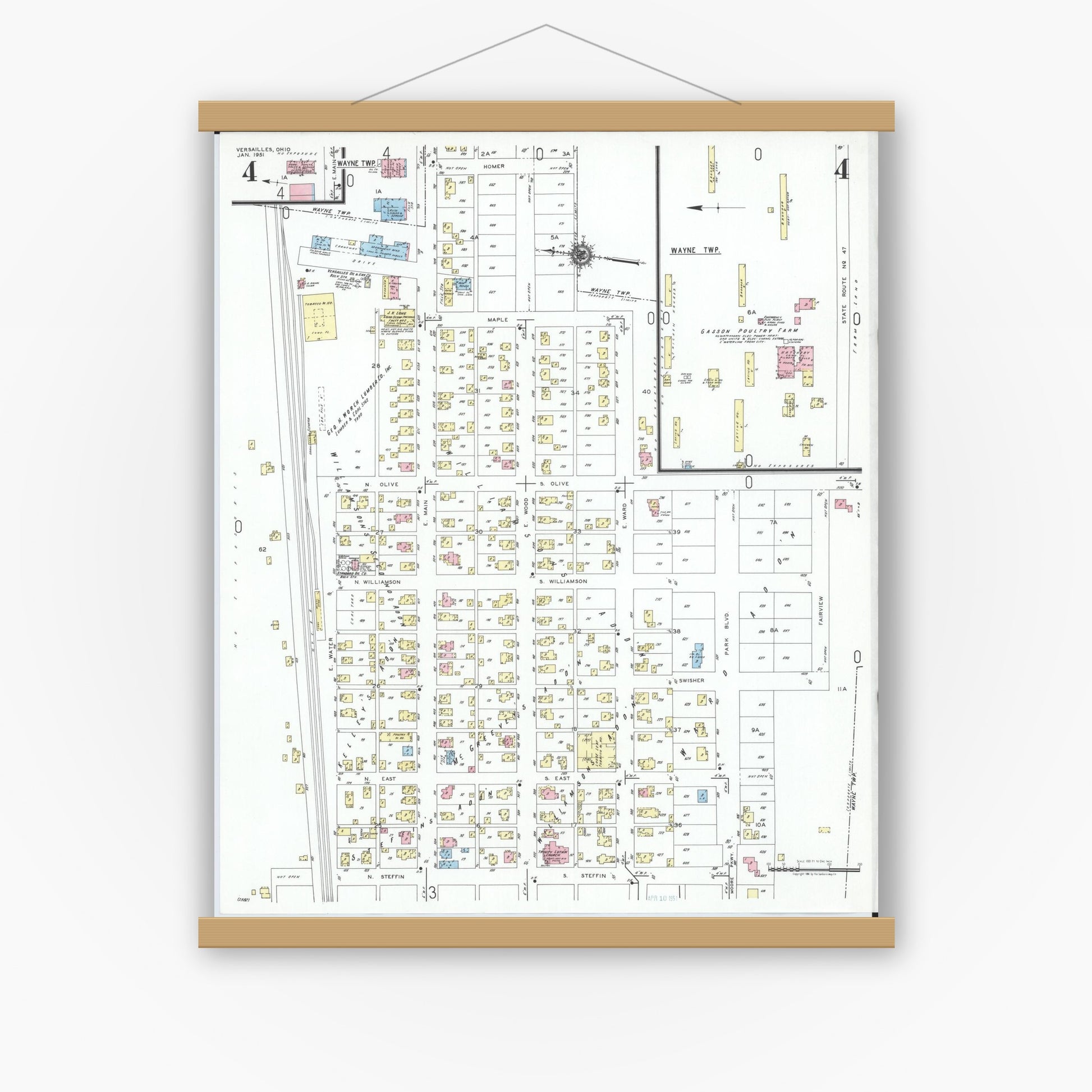 Old map wall art mockup — magnetic wood frame on white wall — Sanborn Fire Insurance Map from Versailles, Darke County, Ohio (1951), Sheet #0004